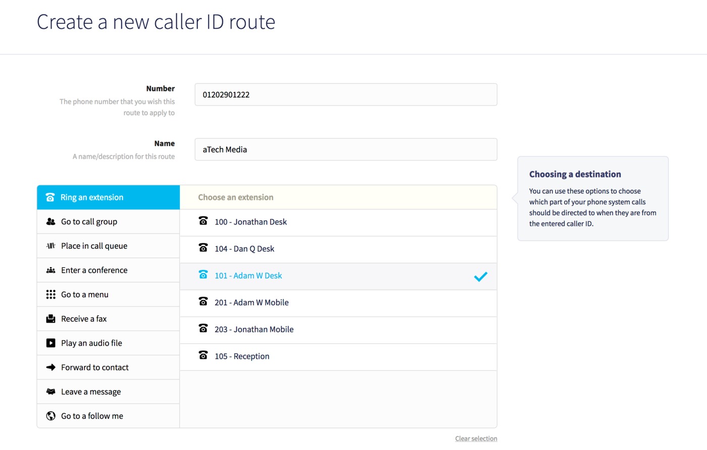 New incoming call route