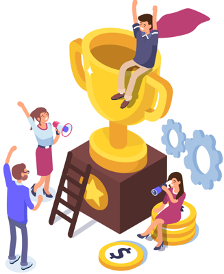 An illustration of a person on a trophy celebrating the success of their new business venture