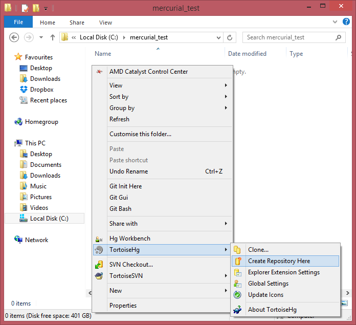 tortoisehg create repository from existing folder